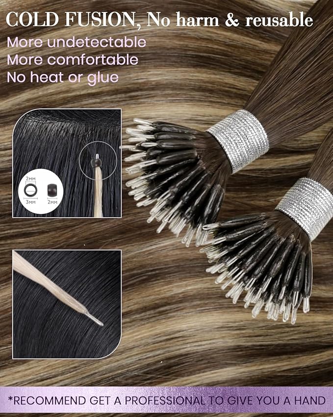 LaaVoo Nano Bead Hair Extensions Human Hair Nano Extensions Balayage Dark Brown to Caramel Brown Nano Hair Extensions Human Hair Ombre Brown Cold Fusion 50s 50g 22 Inch