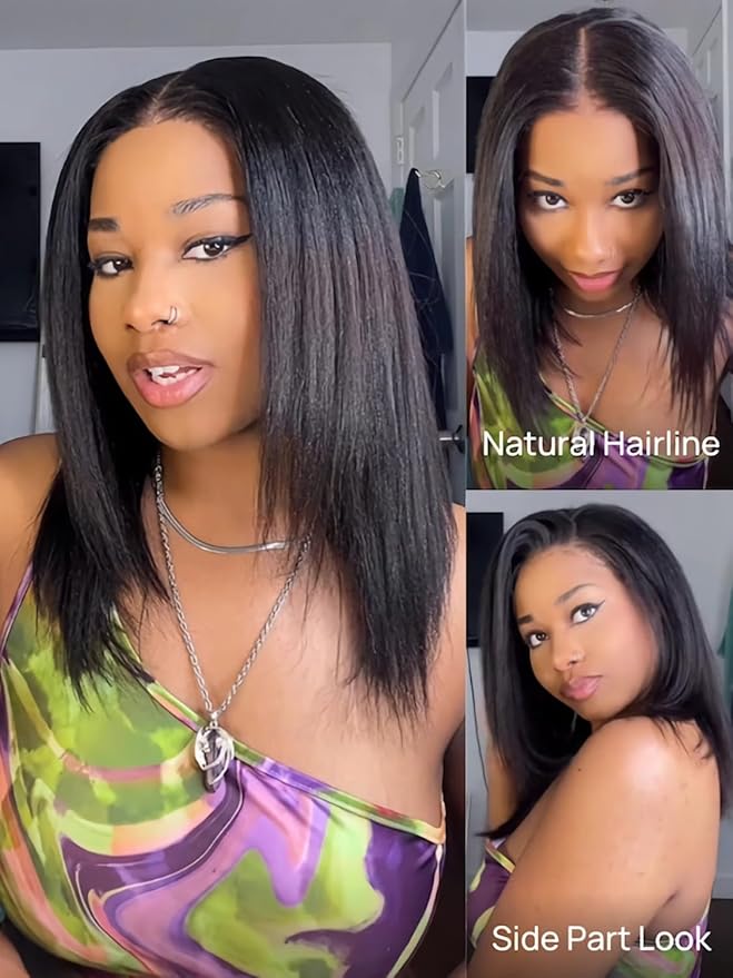 Julia Hair 12 Inch Yaki Straight Drawstring Wigs Human Hair Put On and Go Glueless Bob Wig 7x5 Bye Bye Knots Pre Plucked Pre-Cut Lace Closure Wig Beginner Friendly Black Short Yaki Bob Bleached Knots
