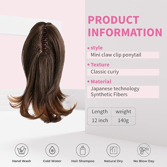 Ponytail Hair Extensions, 12 Inch Claw Clip Ponytail Hair Extensions for Women, Chin Clip Wigs, Soft Synthetic Wigs-Ginger Brown and Light Auburn Tips