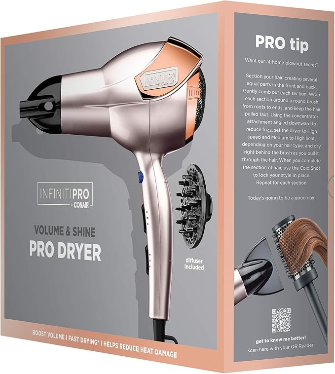 INFINITIPRO BY CONAIR Hair Dryer with Diffuser | Volume and Shine Pro AC Motor Blow Dryer | Includes Diffuser and Concentrator | Rose Gold