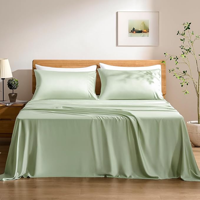 TOSMO Luxury Cooling Sheet Set - 100% Viscose from Bamboo, 3-Piece Bedding Set (Twin Size) - 18” Extra Deep Pockets, Oeko-Tex Certified, Silky Soft and Breathable, Light Green