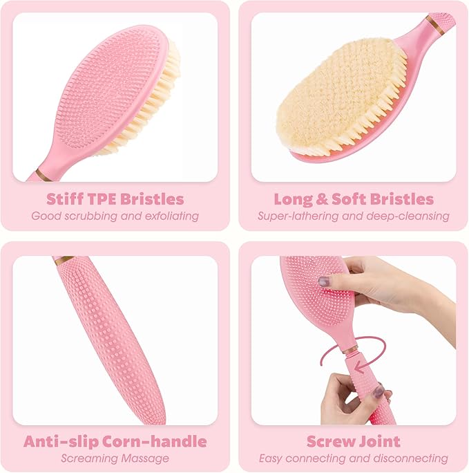 New Foot Brush & Back Scrubber Set 2PCS, 10.2''- 27.5'' Adjustable Foot Scrubber for Shower, 18.9'' Shower Back Scrubber with 3-Length Usage, Great Aid for People with Limited Mobility(Pink)