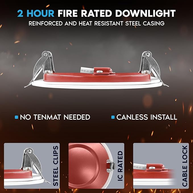 LUXRITE 6-Pack 4 Inch Ultra Thin LED Fire Rated Recessed Lights, 5CCT 2700K/3000K/3500K/4000K/5000K, 2 Hour Fire Rating, 800 Lumens, Dimmable Wafer Lights, IC Rated, Wet Rated, ETL, No Tenmat Needed