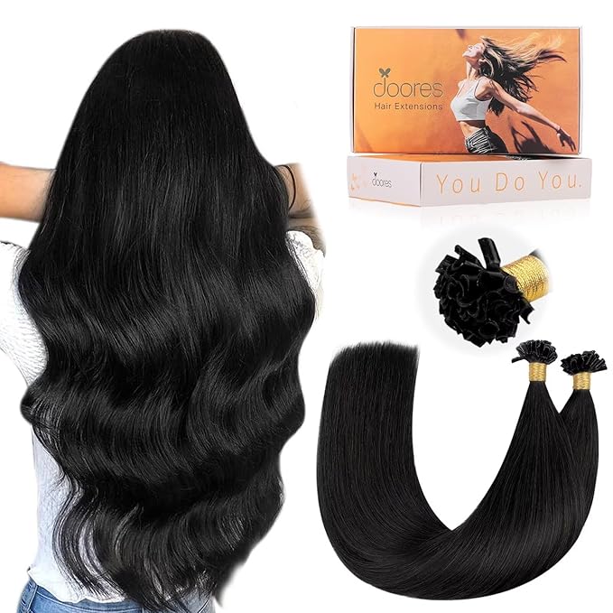 DOORES K Tip Hair Extensions Real Human Hair, Jet Black 16 Inch 50g/50s, Invisible U Tip Natural Straight