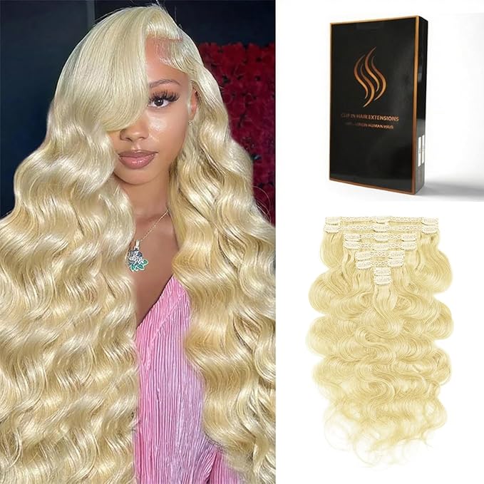 Clip in Hair Extensions Real Human Hair Body Wave 613 Bleach Blonde Clip in 100% Brazilian Remy Human Hair Extensions 8pcs Per Set with 18 Clips Double Weft 16 Inch 90g/3.6oz