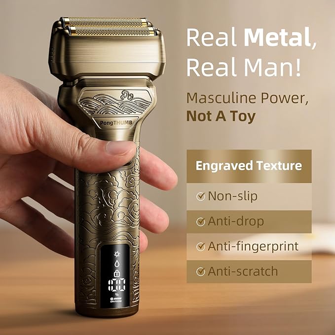 Electric Razor for Men Face: Rechargeable Foil Shaver with Push-Up Trimmer - Cordless Wet/Dry/Anti-Slip Waterproof Shavers with LED Display - Metal Handheld Design Gold