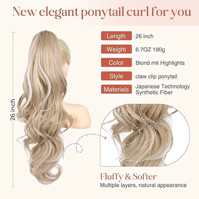 FLUFYMOOZ 26" Ponytail Extension, Long Wavy Curly Claw Clip in Ponytail Hair Extensions, Natural Synthetic Hairpiece for Women Daily Wear(Blonde with White Blonde Highlights)