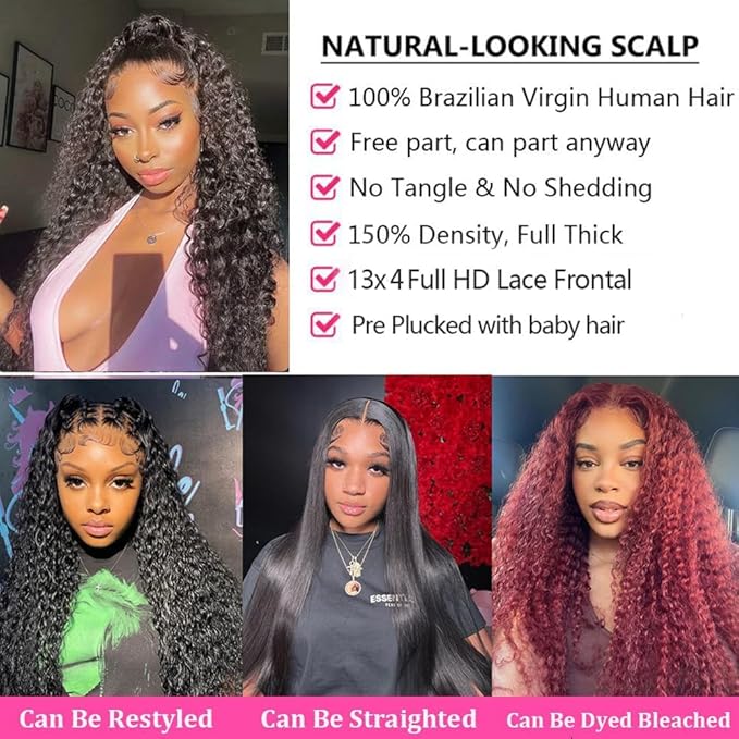Water Wave Lace Front Wigs Human Hair Pre Plucked 13x4 Transparent Glueless Lace Frontal Wigs 150% Density Curly Lace Front Wigs Wet and Wavy Human Hair With Babyhair For Black Women(Curly Wig,22)