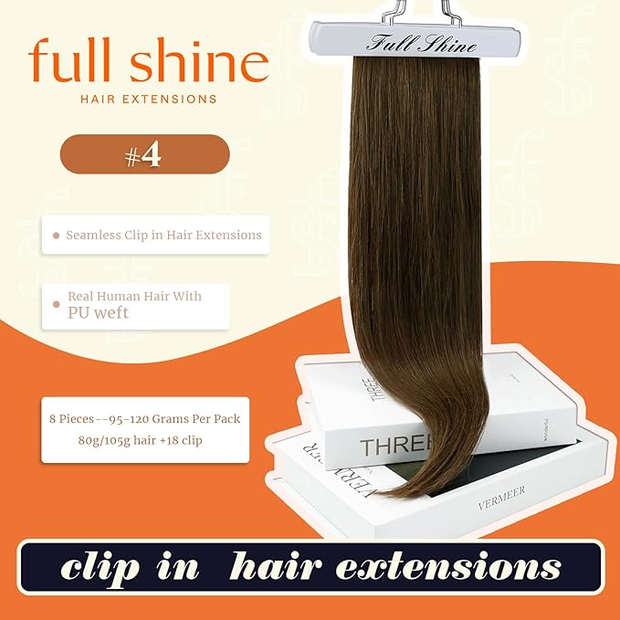 Full Shine Brown Clip in Human Hair Extensions 18 Inch Seamless Clip in Hair Extensions,Pu Weft Medium Brown Real Human Hair Clip in Extensions Straight Brazilian Hair 8 Pcs 120G