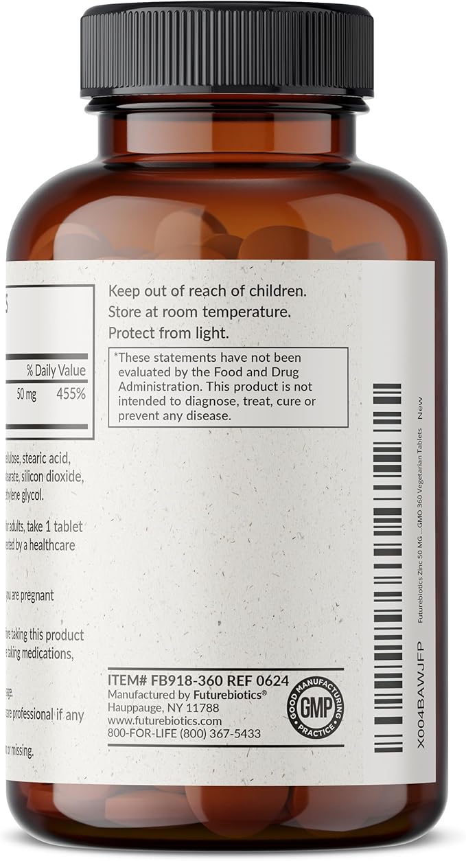 Futurebiotics Zinc 50 MG High Potency, 1 Year Supply - Non-GMO 360 Vegetarian Tablets