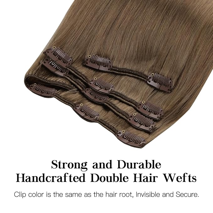 HOTBANANA Human Hair Clip in Hair Extensions, Ash Brown 120g Clip in Hair Extensions Real Human Hair Straight Remy Hair Clip in Hair Extensions 16 Inch 7pcs