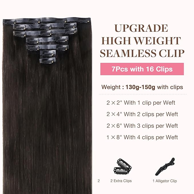 GOO GOO Clip in Hair Extensions Real Human Hair, Remy Human Hair Extensions Clip ins for Women, Natural Human Hair, 22inch 160g 7Pcs, #2 Dark Brown