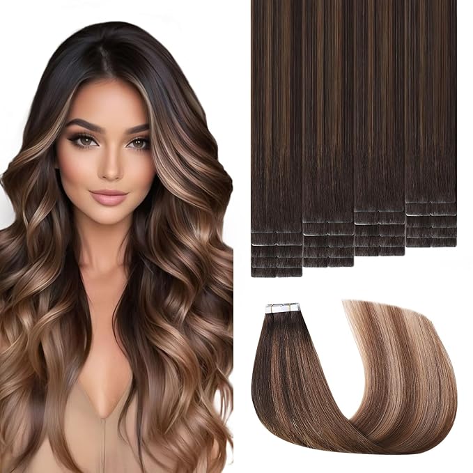 Invisible Tape in Hair Extensions Real Human Hair 3rd-Generation #2/6/18 Dark Brown to Dirty Blonde Color 20pcs 30g 14inch Injected Hand-Tied Invisi Edge Tape ins Extension（#2/6/18-14inch）