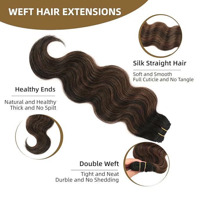 Sew in Hair Extensions Real Human Hair, 110g 18 inch Balayage Natural Black to Chestnut Brown Body Wave Bundles Remy Human Hair Weave Extensions Double Weft