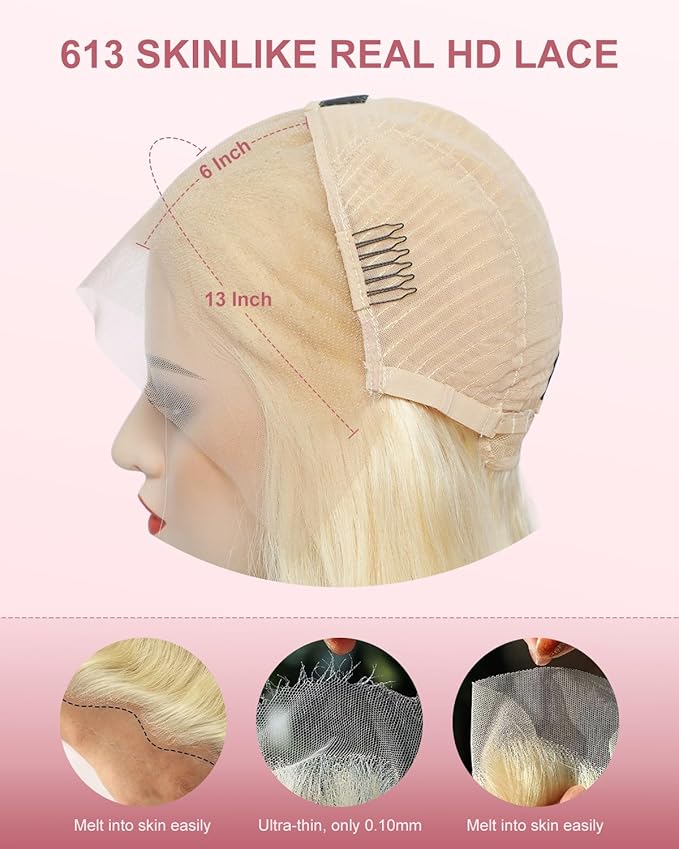 Real Hd 613 13x6 Lace Front Wig Human Hair Pre Plucked Bleached Knots 200% Density 0.10mm Ultra-Thin Invisible Lace Blonde Wig Human Hair Body Wave For Women 24 Inch