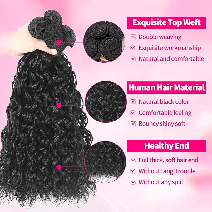 Water Wave Human Hair Bundles 18 20 22 Inch 12A Deep Curly Bundles Human Hair 100% Unprocessed Wet and Wavy Bundles Human Hair Extensions Natural Black