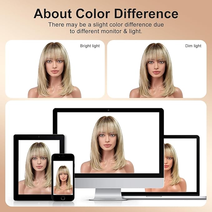 KKU 16 Inch Ombre Blonde Brown Human Hair Wigs for Women,Layered Straight Hair Wig with Bangs,Wear Natural Realism