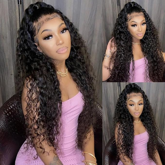 LICHANG Deep Wave 4x4 Transparent Lace Front Wigs Human Hair for Black Women Pre Plucked 180% Density Nature Color 24 Inch