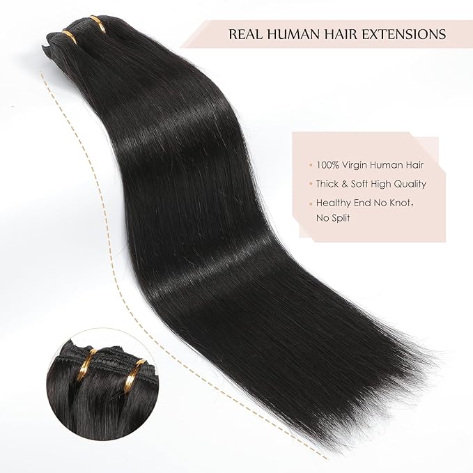 Sisily Clip in Hair Extensions Real Human Hair,24 inch 180g, Natural Straight Human Hair Clip in Extensions for Black Woman, Soft Straight 7pcs Per Set with 16 Clips Double Weft