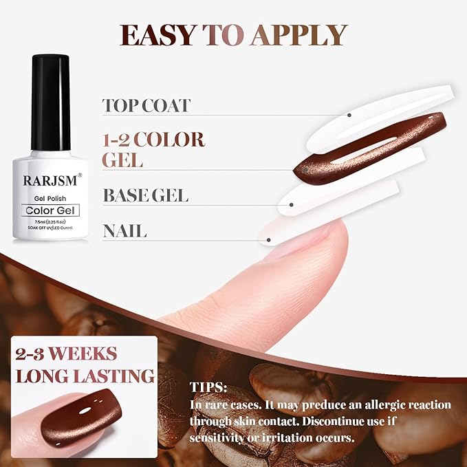 RARJSM Coffee Brown Ceramic Glitter Cat Eye Gel Nail Polish Set 6pcs Nude Light Mocha Brown Champagne Ruby Red Dark Cherry Red Jelly Sparkle Diamond Silver Shimmer Cateye Gelpolish Curing Requires