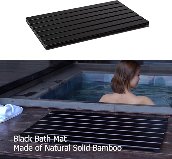 GOBAM Bamboo Bath Mat, Extra Large, 31.50 x 18.35 x 1.3 inches - Non-Slip Floor Mat for Bathroom, Spa, Sauna, Kitchen, Indoor & Outdoor Spaces, Shower Mat for Bathroom Decor - Black
