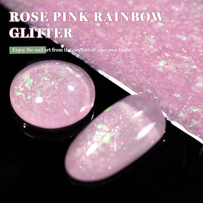 RARJSM Nude Rose Pink Glitter Gel Nail Polish Green Big Rainbow Iridescent Flakes Finish Shimmer Gelpolish 15ml Soak Off Nuded Skin Tone Color Home Salon French Manicure Varnish Curing Requires