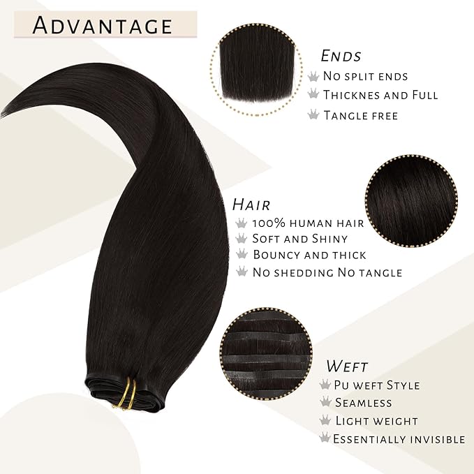 Caliee Human Hair Extensions - 7Pcs Invisible PU Weft Clip-in, Dark Brown, 22 Inch, 110G Seamless, Fluffy & Not Tangled for Short Hair