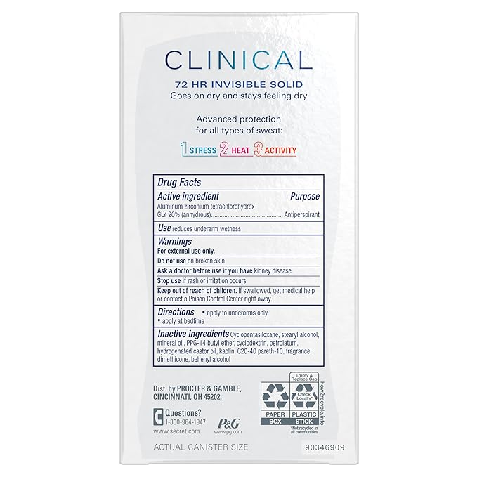 Secret Clinical Strength Antiperspirant Deodorant for Women, 3X Stress Protection, 72hr Sweat & Odor Protection, PH Balancing Minerals, lnvisible Solid, Clean Lavender Scent, 1.6 oz (Pack of 3)