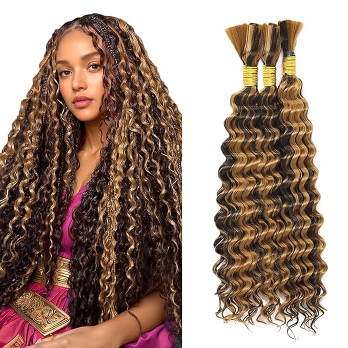 Freiuoke Honey Blonde Braiding Hair 24 24 24 Inch P4/27 Brown Deep Wave 3 Bundles 150g Highlight Blonde Human Braiding Hair Extensions