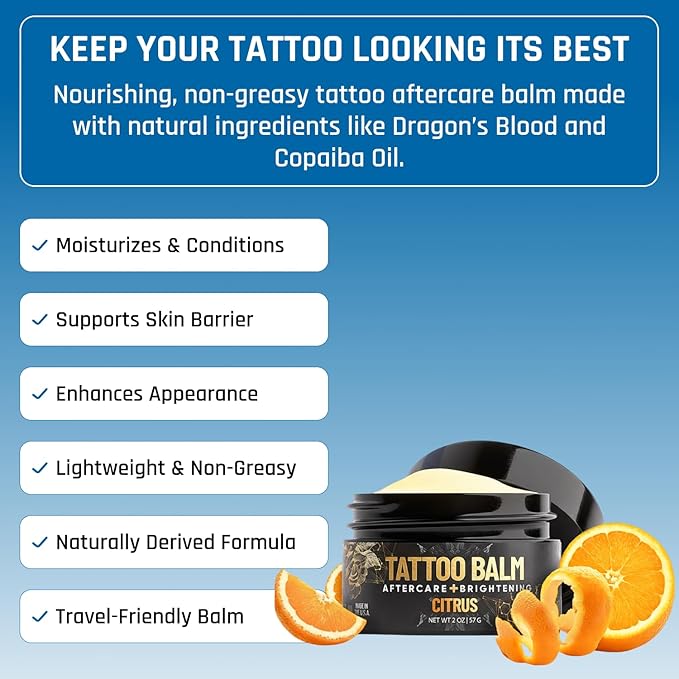 Derm Dude Tattoo Aftercare Brightening Balm | Moisturizing Balm to Heal Protect & Rejuvenate New & Existing Tattoos | Non-Greasy Formula with Dragon's Blood, Shea Butter & St John's Wort, Citrus 2oz