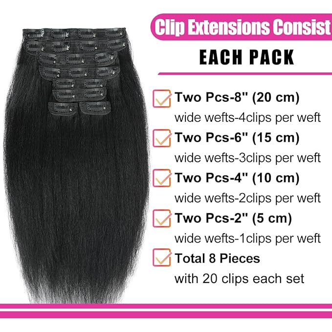 Kinky Straight Clip ins 12 Inch 8Pcs 130g Kinky Straight Clip in Hair Extensions Real Human Hair Brazilian Remy Human Hair Extensions for Women Per Set with 20 Clips Double Weft Natural Black