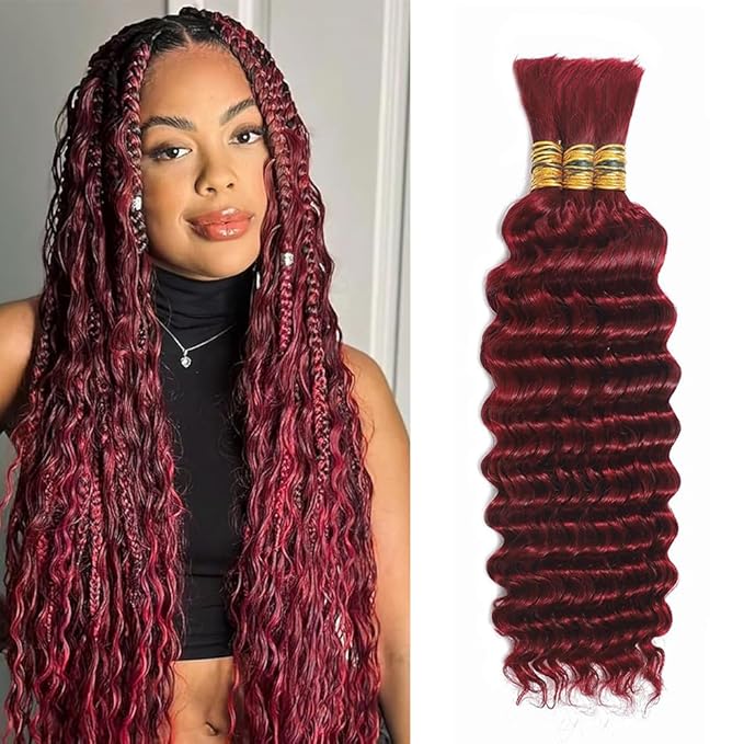 Red Boho Hair for Braiding Deep Wave Bulk Human Hair for Braiding 28 Inch No Weft 99j Deep Wave Bulk Bohemian 3 Bundles 150g