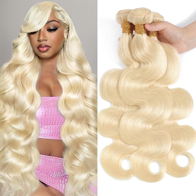 613 Bundles Human Hair 26 28 30 Inch Blonde Body Wave Human Hair Bundles 100% Unprocessed 12A Virgin Hair Weave Extensions Double Weft