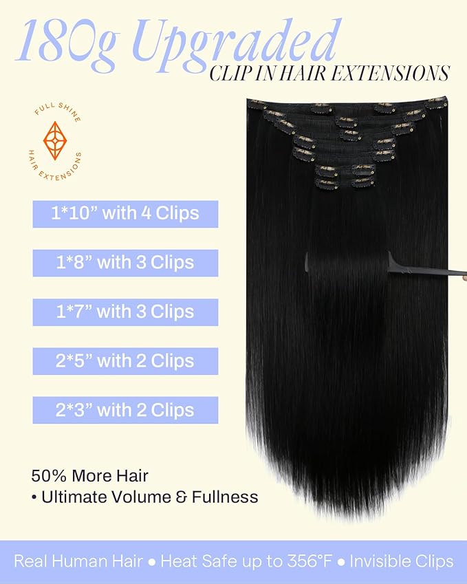 Full Shine Black Hair Extensions Clip in Human Hair 28 Inch 180 G Human Hair Clip in Extensions Black Woman for Length 7 Pcs