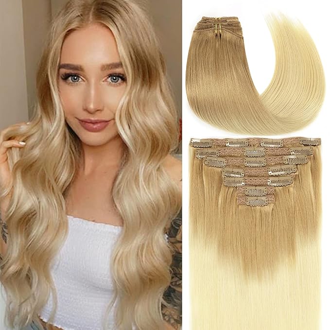 Caliee Remy Clip in Human Hair Extensions - T12-60 Ombre, Straight 7PCS Seamless Clip in Hair Extensions - Natural Double Weft, Invisible Thick Ends - 20Inch, 140G