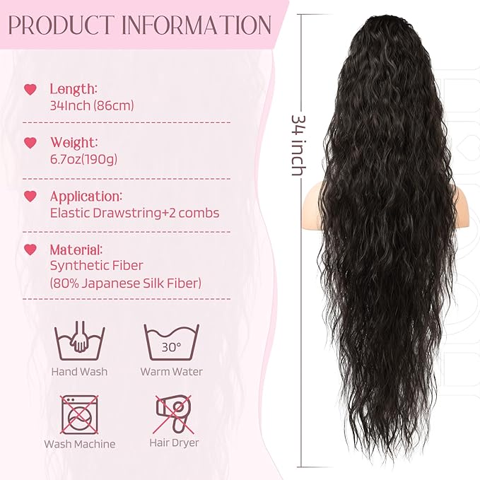 HOOJIH Ponytail Extension, 34 Inch Extra Long Drawstring Ponytail Black Brown Pony Tails Hair Extension Flurry Wavy Ponytails Soft Upgraded Synthetic Fiber Fake Ponytail Hairpiece for Women