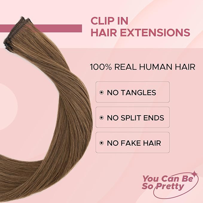 Clip in Hair Extensions Real Human Hair for Women, 14 Inch 36g 6pcs, Medium Brown, Straight - Highlight, Add Volume and Length for Daily Wear, Parties, Weddings