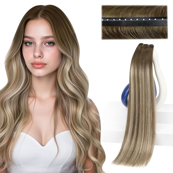 Sunny Hair Double Layered PU Hair Extensions Cool Brown Ombre to Light Brown Balayage Dirty Blonde Straight Human Hair Weft with Bead Real Human Hair Weft Genius 16 Inch 80G