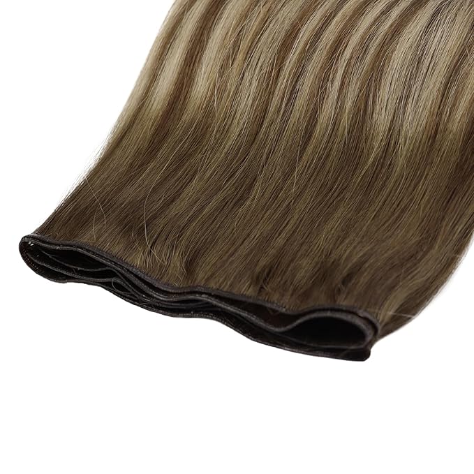 Fshine Genius Weft Hair Extensions Real Human Hair Balayage Sew in Extensions Medium Brown Mixed Caramel Blonde 22 Inch Straight Hair Weft Extensions Human Hair For Women 50g