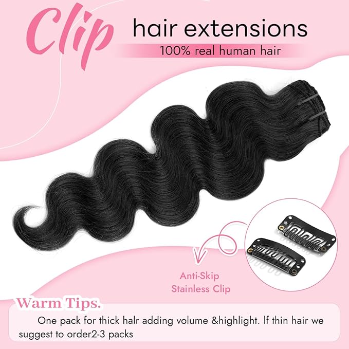 Clip in Hair Extensions Real Human Hair Body Wave 1 Jet Black Clip in 100% Brazilian Remy Human Hair Extensions 8pcs Per Set with 18 Clips Double Weft 18 Inch 100g/3.6oz