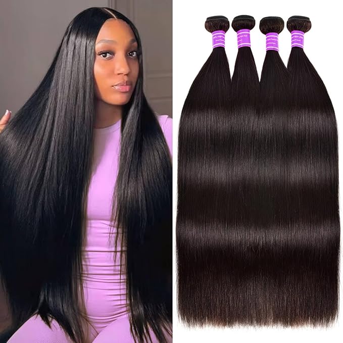 Straight Bundles Human Hair 20 22 24 26 Inch 4 Bundles Straight Hair 10A Double Weft Hair Extensions for Black Women 100% Unprocessed Virgin Human Hair Weave Natural Black