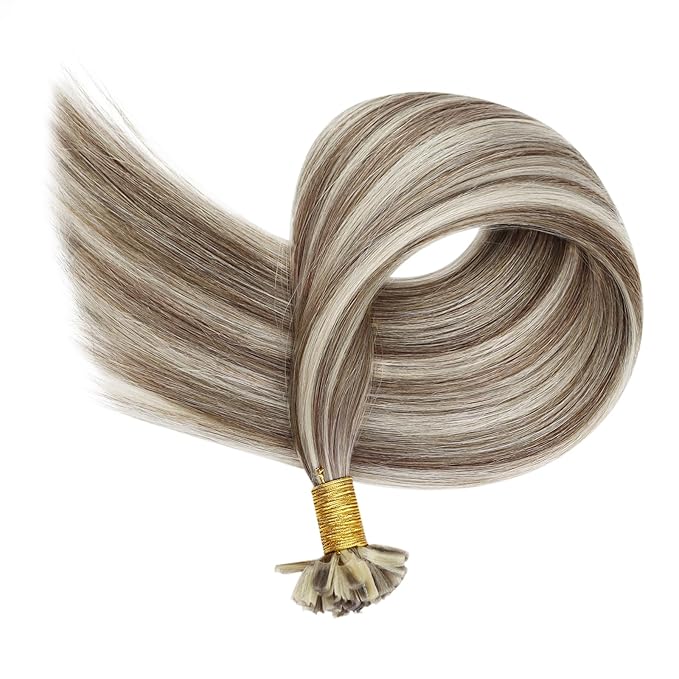 Full Shine Utip Human Hair Extensions Brown with Blonde Highlight Extensions 18 Inch Fusion Keratin Tip Hair Extensions Human Hair 50 Grams Natural Remy Extensions