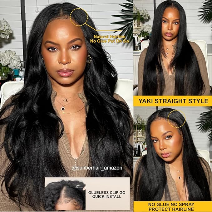 Sunber Yaki Straight V Part Human Hair Glueless Wig Upgrade U Part Wig No Leave Out Vpart light yaki straight Machine Made Clip In Half Wigs No Leave Out Real Scalp V Shape 150% Density 26Inch
