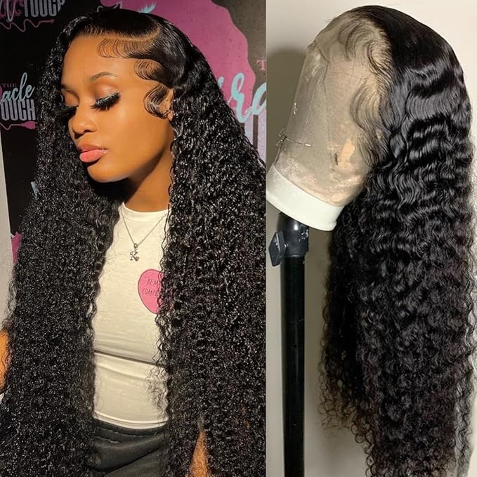 LICHANG Deep Wave 4x4 Transparent Lace Front Wigs Human Hair for Black Women Pre Plucked 180% Density Nature Color 30 Inch