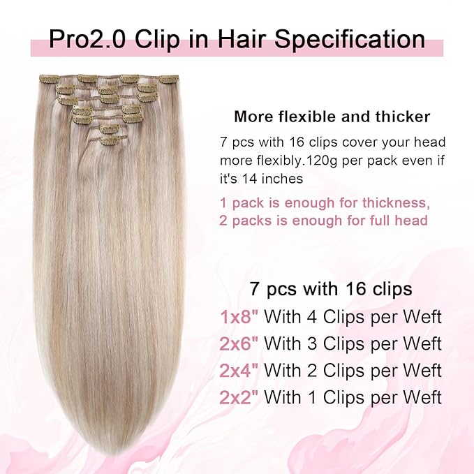 Pro2.0 Clip in Hair Extensions Real Human Hair 120g Thick 7pcs Color #18p1000 Ash Blonde with Bleach Blonde Remy Real Human Hair Extensions Clip ins 14inch Double Weft（#18P1000-14inch）