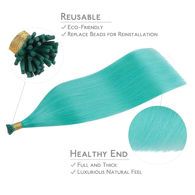 WENNALIFE I Tip Hair Extensions Human Hair, 50g 100s 16 Inch Teal Green Remy Itip Human Hair Extensions Invisible Itips Straight I Tips Fusion Extensions Real Human Hair
