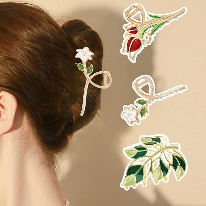 3-Piece Floral Metal Hair Accessories: Lily Leaves Tulip Barrettes, Strong Hold Non-Slip Hair Clamps for Thin/Medium Thick Hair