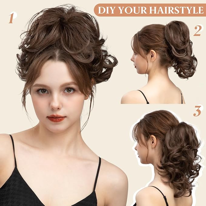 CJL HAIR Claw Clip Short Ponytail Hair Extensions DIY Bendable Metals Messy Bun Hair Piece for Wonen Wavy Curly Synthetic Fake Hairpieces Medium Brown