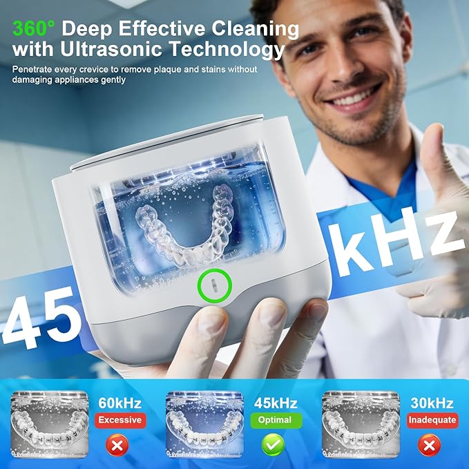 Ultrasonic Retainer Cleaner, 45kHz Retainer Cleaner Machine for Denture, Night Guard, Mouth Guard, Aligner, Brace, 24W Dental Cleaning Pod with 4 UV Lights, 200ml, Multiple Cleaning Modes
