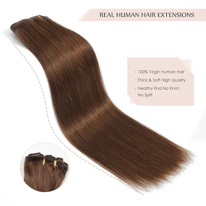 Sisily Clip in Hair Extensions Real Human Hair, 16 inch 140g, Chocolate Brown, 100% Brazilian Remy Human Hair Clip in Extensions Soft Straight 7pcs Per Set with 16 Clips Double Weft